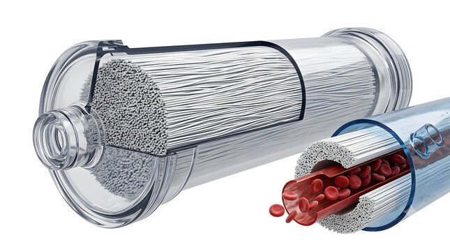 High-Detail 3D Render of a Hemodialyzer Hollow Fiber Membrane Cross-Section with Red Blood Cells