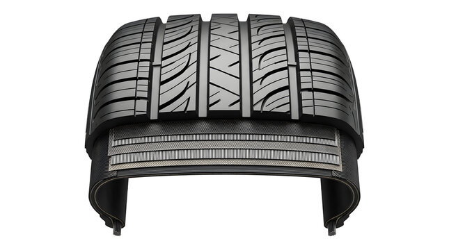 Scientific 3D Render of Car Tire Cross-Section Showing Internal Layers and Tread Design on White Background