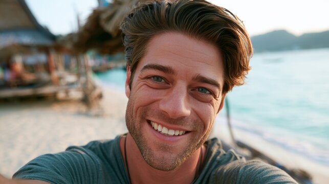 close-up shot of a good-looking male tourist. Enjoy free time outdoors near the city. Looking at the camera while relaxing on a clear day Poses for travel selfies smiling happy tropical