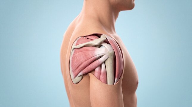 Human shoulder anatomy showing rotator cuff muscles and bone structure in detailed medical visualization