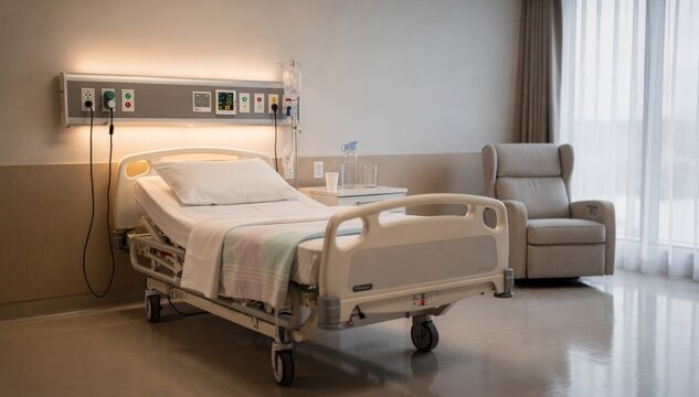 Medium shot of a single medical ward patient room showcasing a neatly made bed with a modern headwall and soft overhead lighting recliner chair subtly blurred in the background.