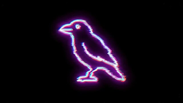 Glowing purple neon crow silhouette icon pulsing on dark background