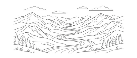 Fototapeta premium Stylized mountain range with winding river and clouds