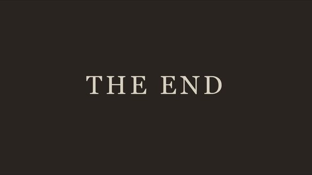 The end text overlay on dark animation 4k background, for cinematic closing, credits and production typography