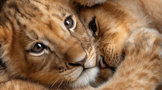 Close-up of two lion cubs cuddling