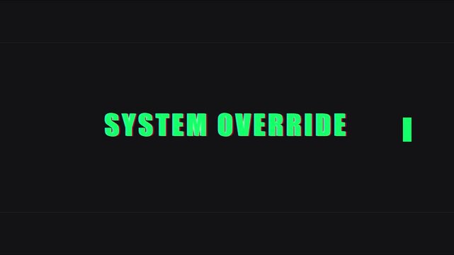 System override digital glitch text animation with blinking cursor for cyber security and technology concepts 4k
