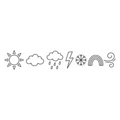 Obraz premium A collection of weather icons in a row, including sun, cloud, rain, lightning, snowflake, rainbow, and wind
