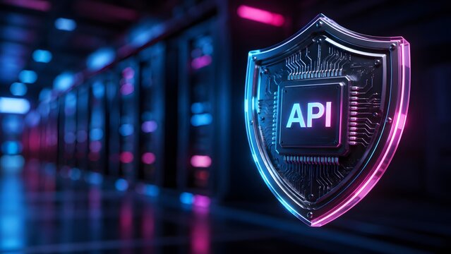 Glowing metallic shield with API text on a computer microchip inside a dark data center server room representing application programming interface security.