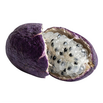 Fresh purple dragon fruit cut in half showing seeds isolated on transparent background