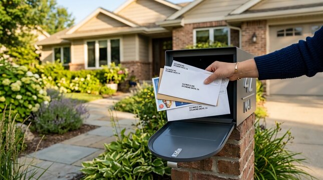 Person placing a stack of letters and mail correspondence into a residential brick mailbox in front of a suburban home on a sunny day