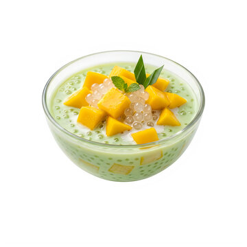 Fresh mango sago dessert with green coconut milk isolated on transparent background