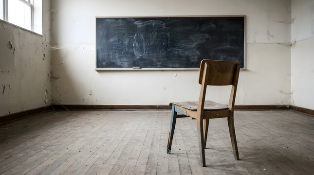 Empty wooden chair in abandoned dusty classroom
