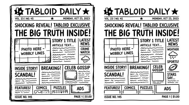 Hand-drawn tabloid newspaper with bold headlines