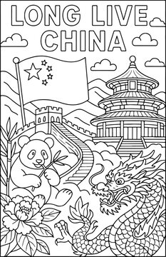 China mit traditionellen chinesischen Elementen, Cartoon-Umriss, handgezeichnete Linienkunst-Illustration, Doodle-Kunst-Malvorlage f&uuml;r Kinder