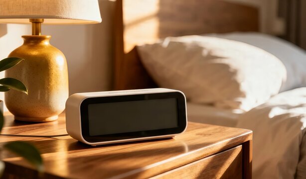 Minimalist digital alarm clock on a bedside table with soft natural morning light.
