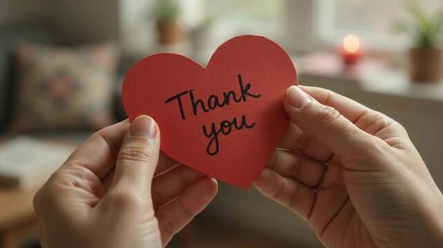 Close up hands holding a red heart card with 'Thank you' written in script during a soft focus window light