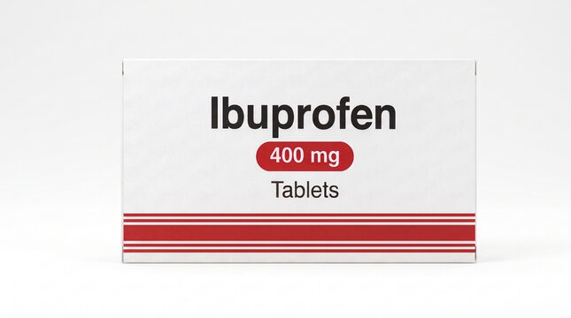 Ibuprofen 400mg pain relief medicine cardboard box packaging on white background
