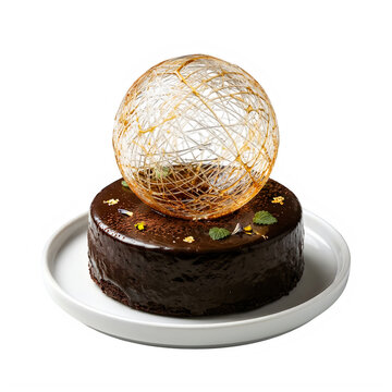 Delicious chocolate cake with a sugar sphere decoration isolated on transparent background