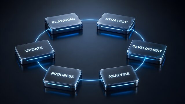 Circular business workflow diagram with glowing blue connections showing planning strategy development analysis progress and update