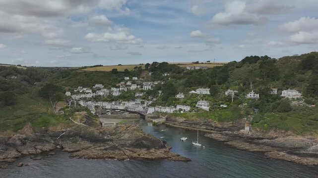 Polperro Harbour and Village from a drone, Polperro, Looe, Cornwall, England