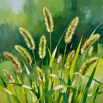 Impressionist Oil Painting Green Foxtail Grass In Summer Light
