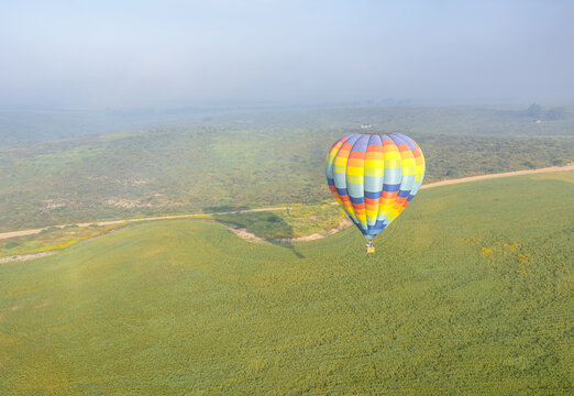 Aerial view of a colorful hot air balloon floating above the green fields of the Negev desert landscape in Kibbutz Ruhama, South District, Israel.