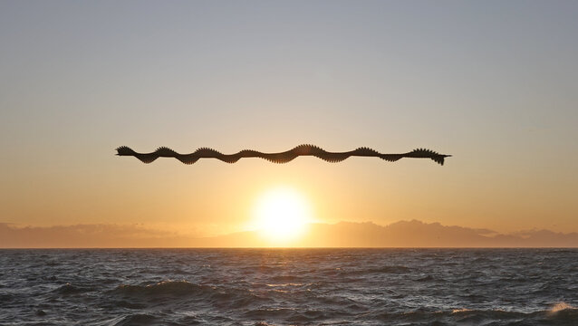 View of a chronophotograph showing the rhythmic, wave-like flight path of a bird silhouetted against a vibrant sunset over the ocean in Cape Town, Western Cape, South Africa.