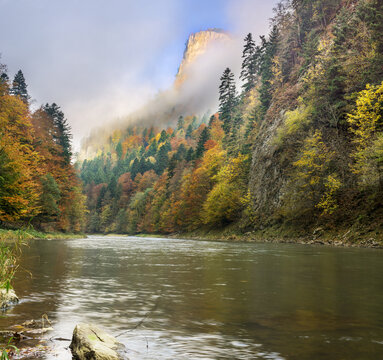 View of Dunajec river in Pieniny National Park with autumn foliage on the surrounding forested cliffs and mist over the mountain peaks in Cerveny Klastor, Presovsky kraj, Slovakia.