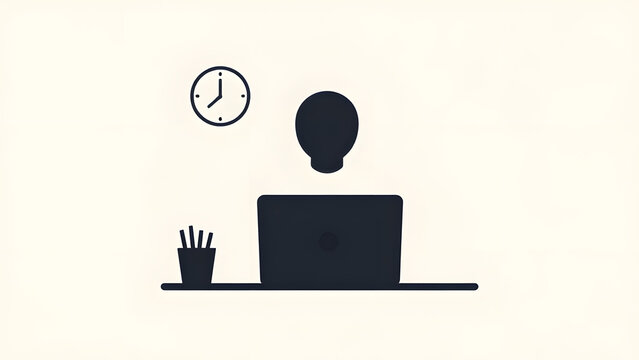 Focusing on the Task: A silhouetted figure is absorbed in work at a laptop, with a clock on the wall indicating the passage of time, representing dedication and concentration.
