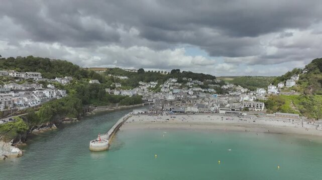 Beach and Cliffs over Looe Bay from a drone, Looe, River Looe, Cornwall, England