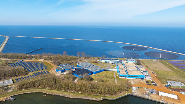 Aerial view of Prinses Juliana Water Station Tracking Solar Islands in Andijk the Netherlands