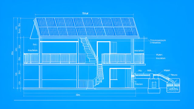 Blueprint of Eco-Friendly House: Detailed architectural blueprint showcasing a sustainable house design, featuring solar panels on the roof and an integrated water management system.