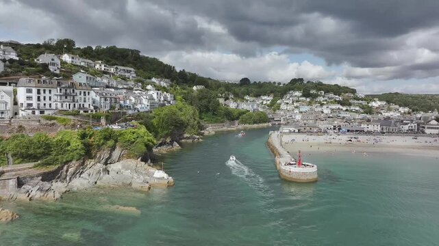 Beach and Cliffs over Looe Bay from a drone, Looe, River Looe, Cornwall, England