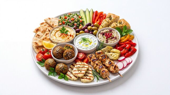 Middle eastern food platter with hummus falafel and skewers