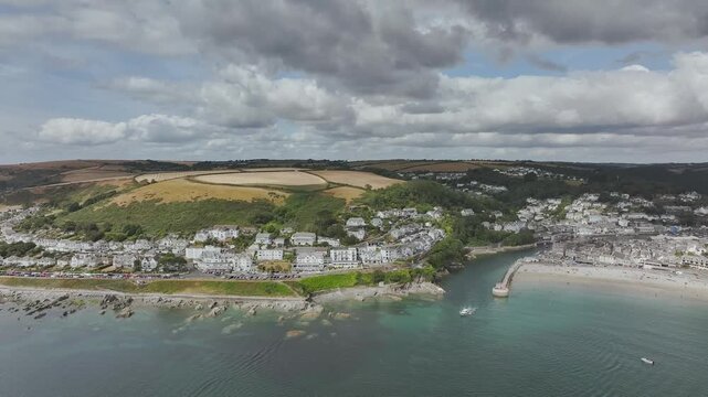 Beach and Cliffs over Looe Bay from a drone, Looe, River Looe Cornwall, England