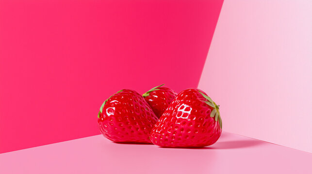 Strawberries three fresh ripe red pieces on bright pink multicolored geometric background pop art style minimalist food photography with copy space