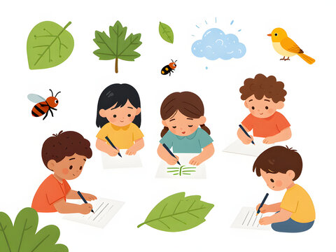 Children Learning About Nature: A group of young children actively engage in drawing and learning about the natural world, surrounded by illustrations of leaves, insects, a bird, and a cloud.