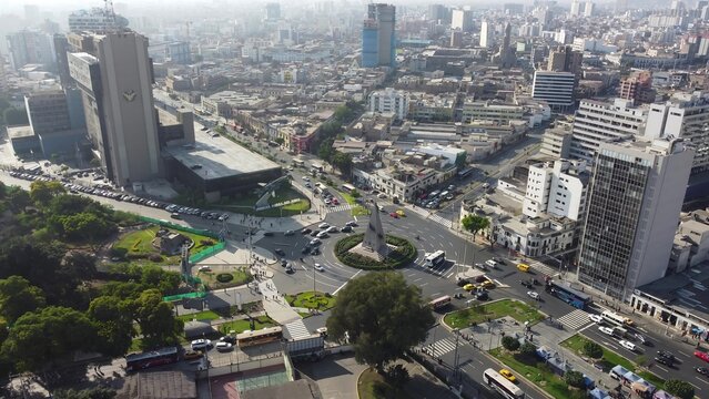 Aerial view of the busy roundabout and urban intersection in Lima, Lima, Peru.