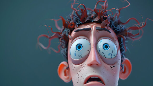 Stressed male character with frantic expression and wild hair looking surprised in 3D animation