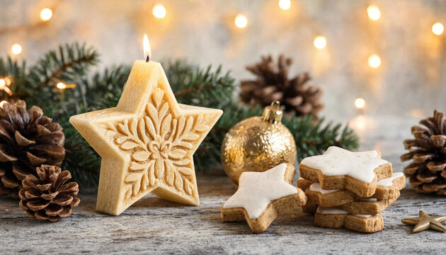 Star shaped candle with iced cookies and pine cones on a rustic wooden table for holiday decoration