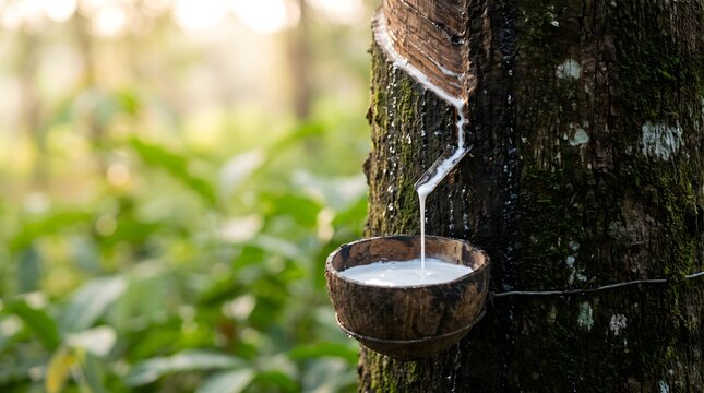 Fresh milky raw rubber latex dripping from tapped Hevea brasiliensis tree trunk into coconut shell bowl at tropical plantation, natural fluid concept.