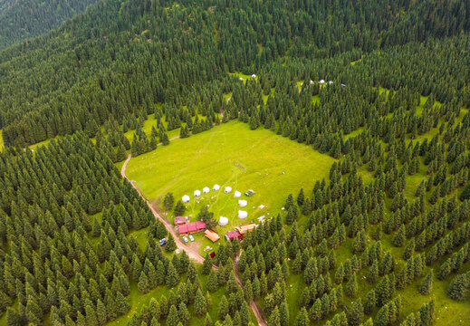 Aerial view of a yurt camp in the Kok Jaiyk valley surrounded by dense coniferous forest in Dzhetyoguz, Issyk-Kul Region, Kyrgyzstan.