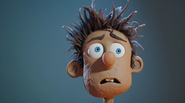 Surprised 3D male character with messy hair and big blue eyes looking shocked and confused