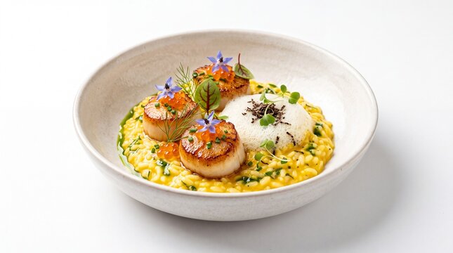 Seared scallops served with creamy risotto in a bowl