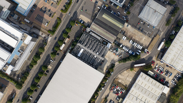 Aerial view of Data Center Roof Cooling Systems in Slough