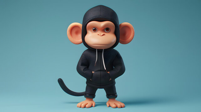 Cute 3D stylized monkey character wearing a trendy black urban hoodie and streetwear