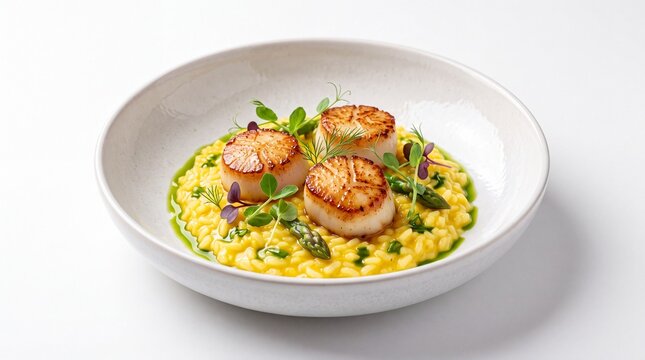 Seared scallops served with creamy risotto in a bowl