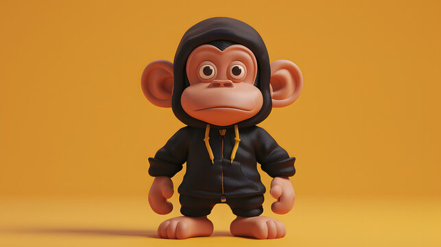Cute 3D rendered monkey character wearing a stylish black hoodie standing on a yellow background