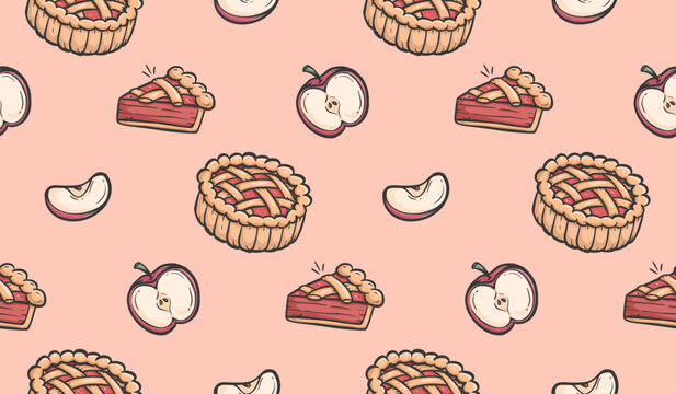 Apple pie doodle background. Apple cake pattern background. Thanksgiving food seamless pattern. Fruit cake dessert hand drawn pattern with cakes and apple slices.