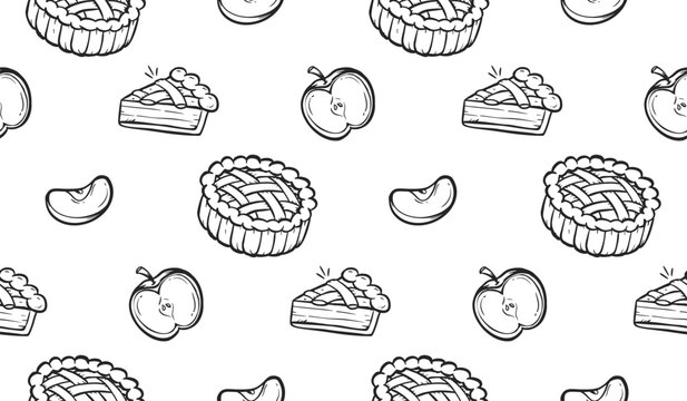 Apple pie doodle background. Apple cake pattern background. Thanksgiving food seamless pattern. Fruit cake dessert hand drawn pattern with cakes and apple slices.